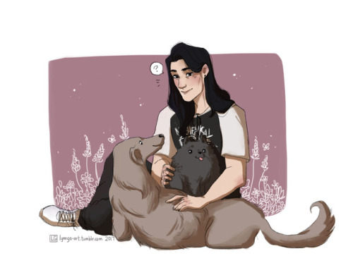 lynngo-art: damien is amazing and i needed to draw him with some dogs goodnight (also MC dad probably gave him that shirt. and took this photo who knows) 