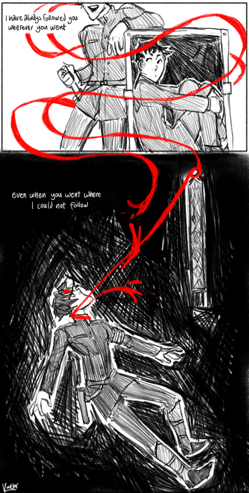 A digital comic featuring Kazuma Asogi and Ryunosuke Naruhodo from the Great Ace Attorney Chronicles. The comic is drawn in pencil, all in black, white, and varying shades of gray via hatching. The only color comes from Kazuma's hachimaki headband, which is bright red. The first panel has the text "I have always followed you wherever you went" in one corner. In it, Ryunosuke is sitting curled up inside Kazuma's trunk, and Kazuma is leaning on it. Most of his head is cut off by the top of the frame, but you can see him laughing. The tails of his headband swirl across the panel, around both him and Ryu, and continue down into the next panel. The second panel reads "even when you went where I could not follow." It's dark, and the headband tails go from the first panel, wrapping around Kazuma's neck as he falls in the darkness. One wraps around the knob holding up the cord used in case 1-2 to contact the crew of the Burya, pulling it taught, and the other is ripped in the middle.