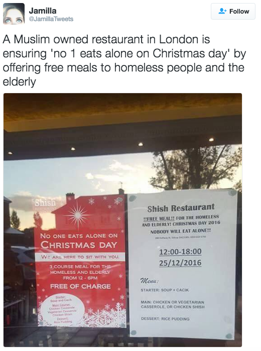 punk-rock-pidgey:  the-movemnt:   A Muslim-owned restaurant is hosting free Christmas