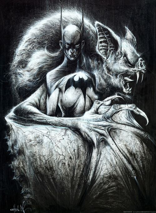 wayshak:  “The Bat and the Beast”Commission for Gregg Spatz.  Manbat wants cuddles from Batgirl, but she’s giving him the cold shoulder.