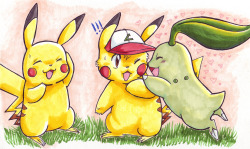 naminori-pikachu:  Continuing my old art uploading spree until I have time to work on more new art. Traditional—pen and marker. Chikorita should technically be bigger, but I think at the time I was trying to fit her on the paper as I had already sketched