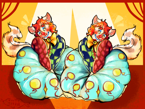 Funhouse Mirror | Fun like a paw AKA CATBOY CLOWN TIME[Id: Two illustrations of a chubby catboy clow