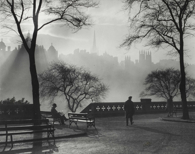 Unattributed &bull; &ldquo;Reading the Evening News&rdquo;, A Misty November Day in Princes Street Gardens,&hellip;