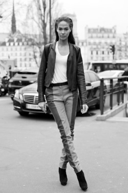 blackandwhitemodel:  JOAN SMALLS after Balmain Fall Winter 2013, Paris   &hellip;she looks like she has to pee