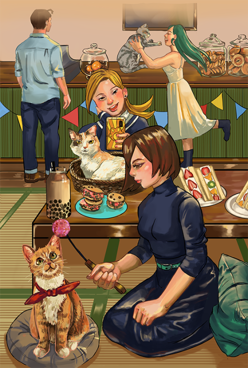 The full version of my piece for @proherozine ! I drew the Pussycats team relaxing at a cat café~!Le