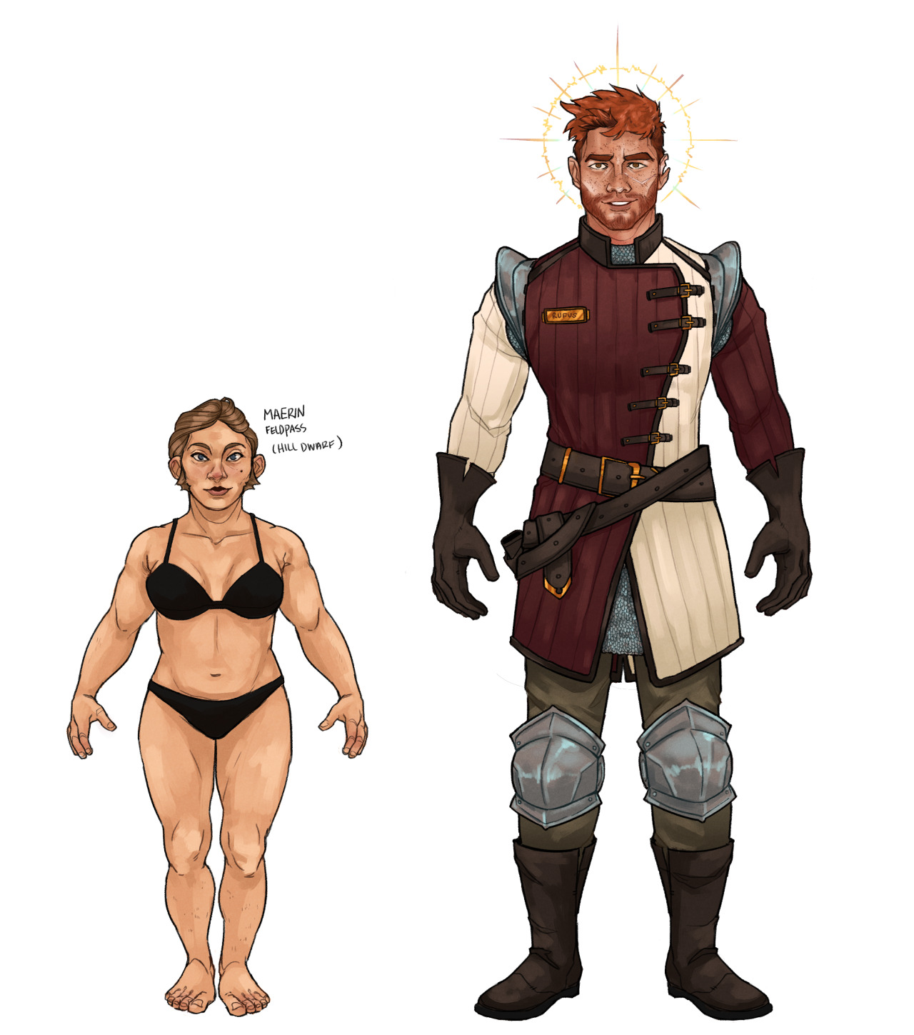 me: keeps making dnd blorbo content Maerin is a Dwarf Battlemaster Fighter (Longbow! So Dex fighter) I’ve been wanting to play for a while. So time to make a ref sheet. Rufus is here for height comparison, she’s 4′1′’ and he’s just tall. #my art#wip #fun for anatomy practice  #and like skin tones  #she has yellow/warm bases and he’s more pale and pink