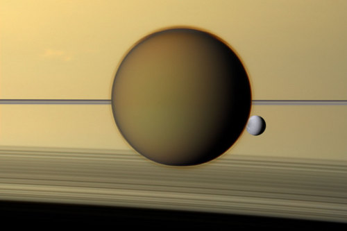 Oxane:    Titan And Dione Occulting Saturn, Rings Visible  