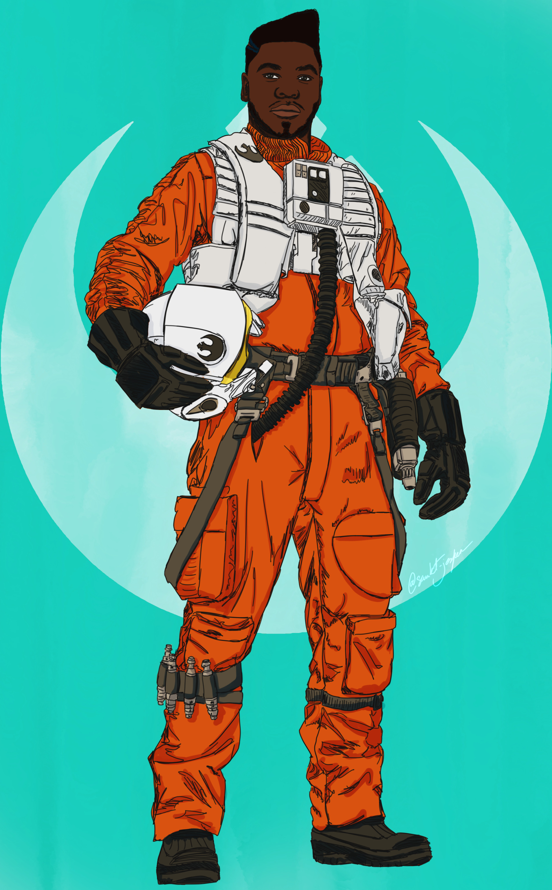 Fanart depicting Finn from Star Wars dressed in an orange Rebel pilot uniform.