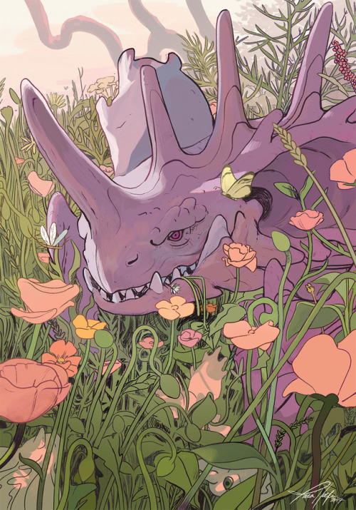 tarahelfer: Nidoking and his clutch of Nidorans in a poppy field. I drew this maybe 3 years ago for 