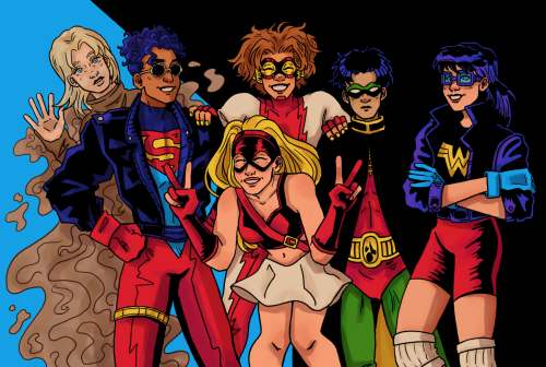 A drawing of Young Justice (Greta, Kon, Bart, Cissie, Cassie, Tim) posing for a photo.
