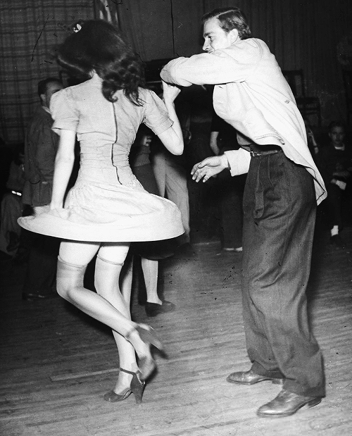 vintagegal:  An aircraft worker dancing with his date at the Lockheed Swing Shift