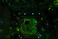 graviton1066:  (20 Nov. 2013) — This view in the International Space Station, photographed by an Expedition 38 crew member, shows how it looks inside the space station while the crew is asleep. The dots near the hatch point to Soyuz spacecraft docked