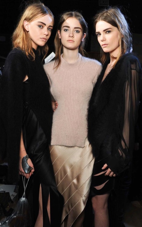 Caroline Brasch Nielsen, Frida Gustavsson, Jac Jagaciak backstage at Alexander Wang Fall 2011