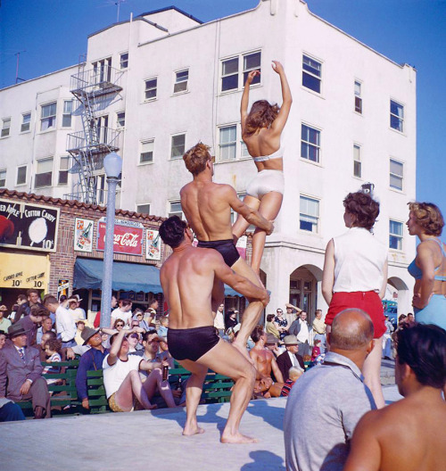 Bodybuilders at Muscle Beach, California; photo by actor/producer/photographer Harold Lloyd; c. 1950