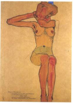 foxesinbreeches:  Sitzender weiblicher Akt mit abgespreitzten rechten Arm (Seated female nude with spread right arm) by Egon Schiele, 1910 Also