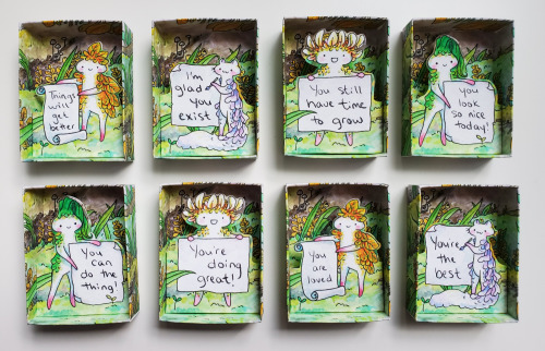 Feel-Good Pocket Spriggans! Little handmade paper boxes featuring cheerful Spriggans and encouraging