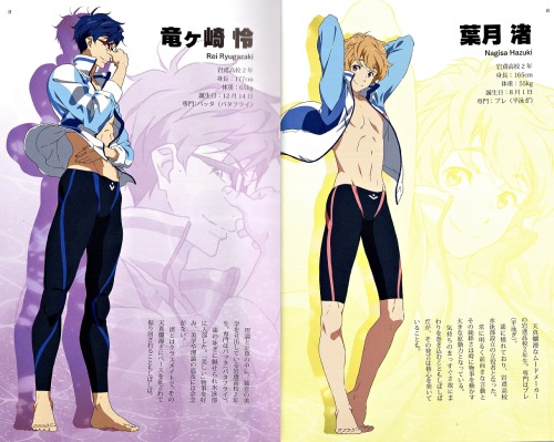 sunyshore:  Scans of original new art from the new Free! Eternal Summer Guidebook, on sale today! There is much more inside, including detailed character designs and genga/douga from the first episode. Sorry I am not very good at scanning books like this,