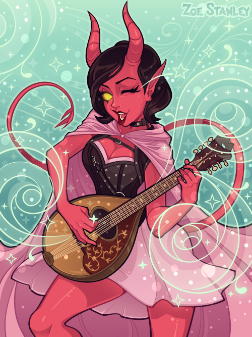 zoestanleyarts: Cáit Awry, the tiefling bard casting a spell with her instrument! Commission for Ano