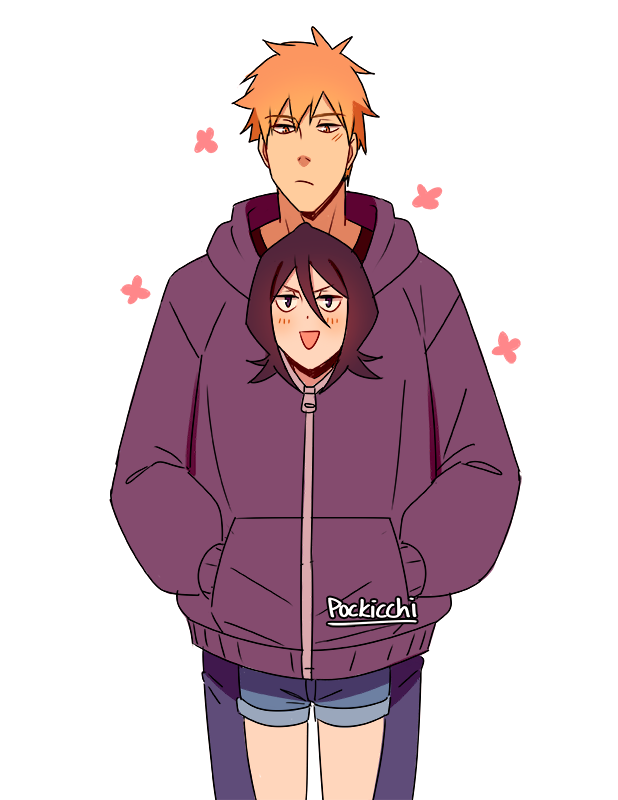 pockicchi:  more ichiruki ft rukia in ichigo’s clothes :3c 🧡💜    
