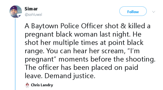 thebestjackdaw:  endangered-justice-seeker:   That’s a double homicide, period!     Republicans be like “protect foetuses from abortion” but when a pregnant black woman is shot dead by a cop they stay real fucking quiet Dont click the video just