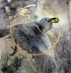 shadowscapes-stephlaw: “Token” #watercolor #goldleaf #raven #acorn