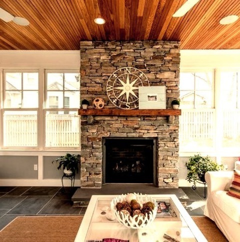 DC Metro Farmhouse SunroomExample Of A Large Cottage Slate Floor Sunroom Design With A Standard Fireplace