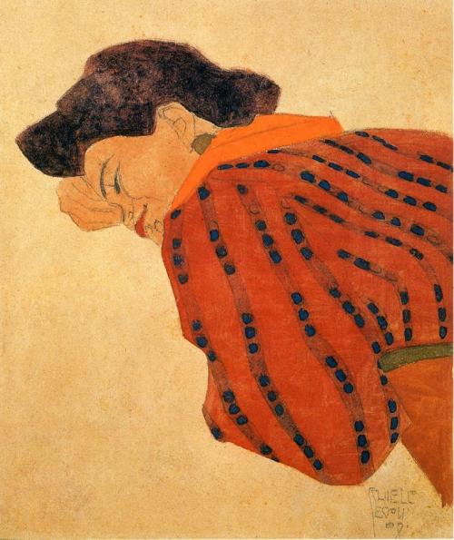 artist-schiele: Reclining Woman with Red Blouse by Egon SchieleMedium: watercolor on paper