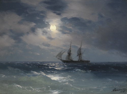 The Brig Mercury in Moonlight.1874.Oil on panel.15.5 x 21.5 cm.Art by Ivan Konstantinovich Aivazovsk