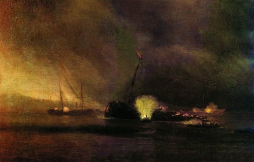 artist-aivazovski: Explosion of the Three-masted Steamship in Sulin on 27 September 1877, Ivan Aivaz