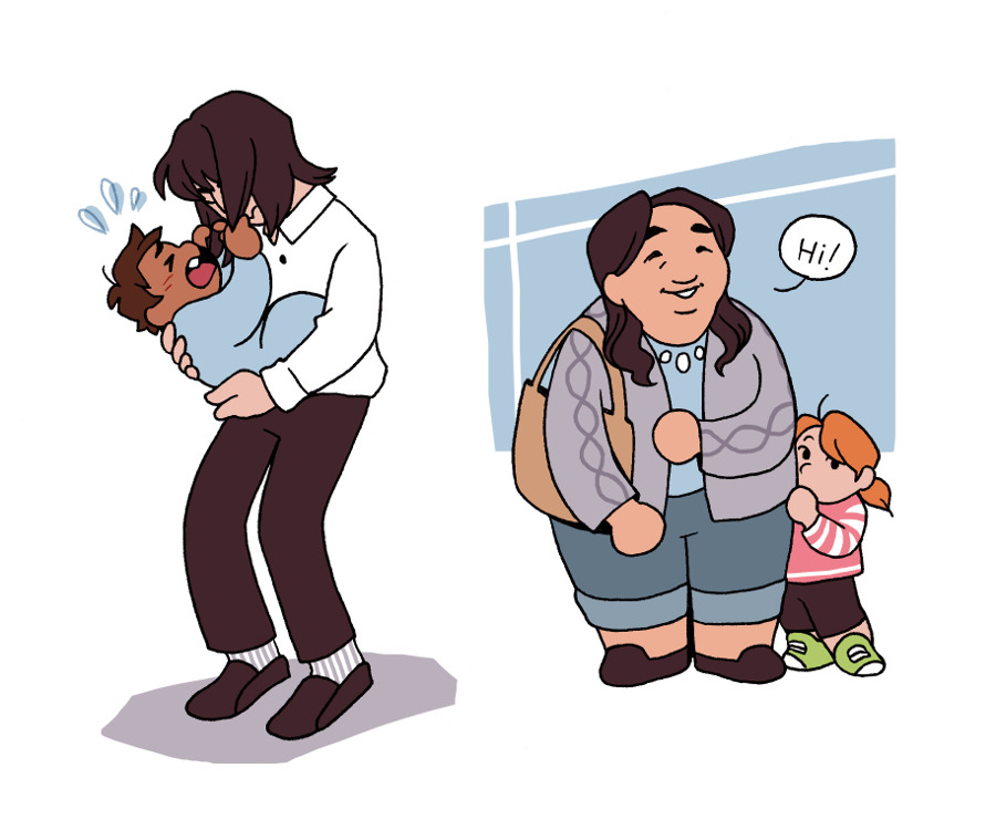 fanart for an hp fic where snape adopts baby harry but has no idea how to take care of a child so his neighbor helps him. 