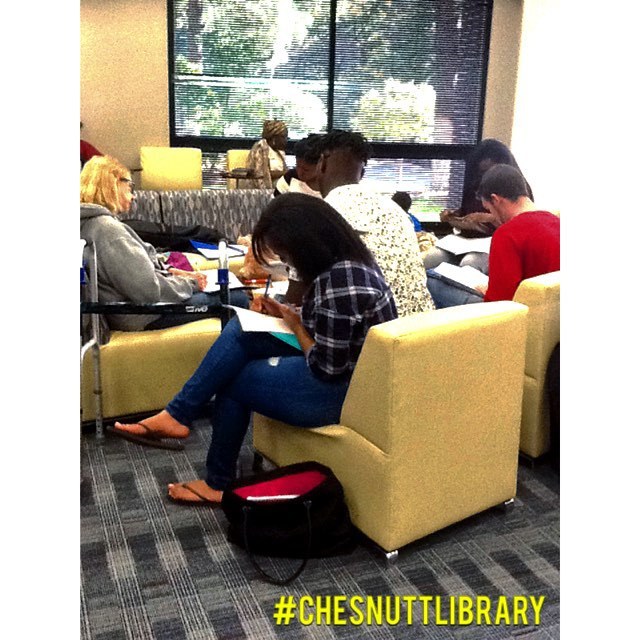 Happy to see some of the new softseating being put to good use! #InsideChesnuttLibrary #ChesnuttLibrary #FayState #BroncoPride #FSUBroncos #academiclibrary #libchat #librarylife #librariesofinstagram #fayettevillenc #libraryfurniture (10.23.2015)