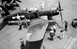 usaac-official:Deck crew refuel an F4U-1D aboard USS Bennington (CV-20), 1945