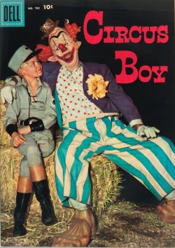 doctor-sardonicus:  spicyhorror:  The truly  terrifying  cover of Circus Boy - Four Color #785 (April 1957)  Keep that clown away from Young Micky Dolenz!!! 