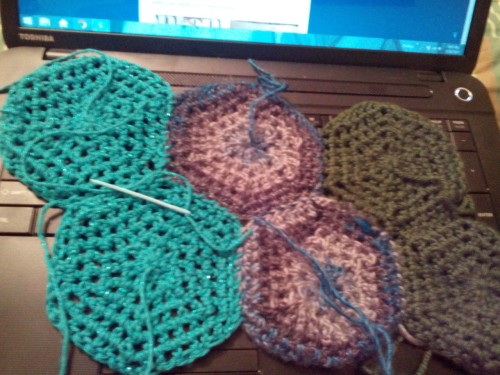 Declassified: it begins. I’m stash busting with a hexagon blanket. The teal yarn is sparkly. C