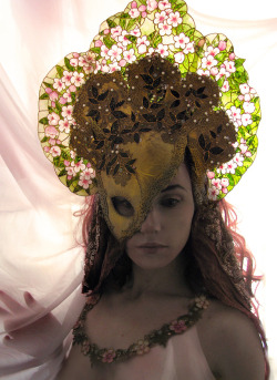 lunariagold:  Plum blossoms dryad mask - It took me a few months to devise a way to make realistic-looking faux stained glass light enough to be worn comfortably. The final technique involves vellum paper, ink, relief paint and varnish… and now I want