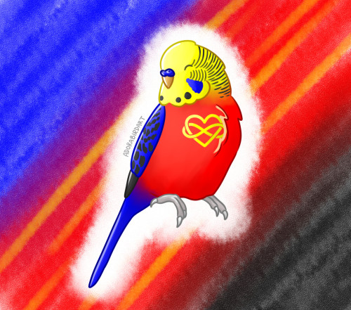 Today’s budgie is based on the polyam flag! I wasn’t sure which symbol to use, so I did 