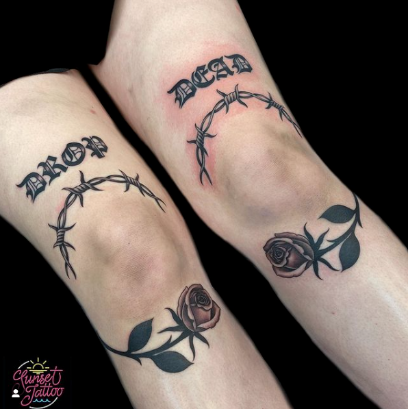 Sunset Tattoo — Old English, Barbed Wire and Roses Knee tattoos by...