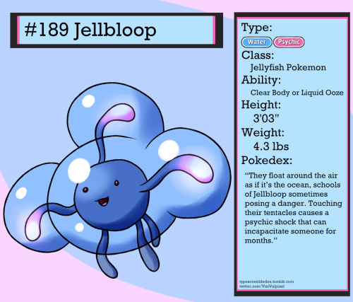 189 - JellbloopJellyfish Pokemon“They float around the air as if it’s the ocean, schools of Jellbloo