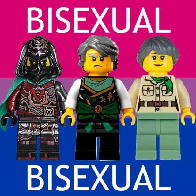 id: an image of the bi flag. the minifigs of krux, master garmadon, and misako have been edited on top of it. the minifigs have been placed close together to look like the three are holding hands. top text and bottom text both say "BISEXUAL" in all caps. /end id