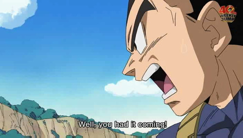duvete:    yum!  VEGETA’S FACE.   I don’t think Goku’s very sorry.  OMG VEGETA WAOUHAGUAUh;dsuaga;uhga;uga DYING.               