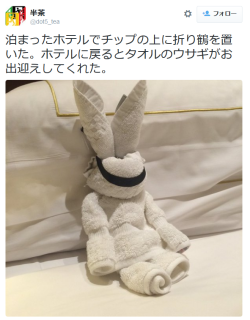 highlandvalley: 半茶さんはTwitterを使っています: “泊まったホテルでチップの上に折り鶴を置いた。ホテルに戻るとタオルのウサギがお出迎えしてくれた。 https://t.co/P4Q45qLUG5” 