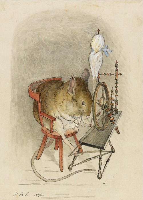 oldchildrensbooks:Mouse with a Spinning Wheel.Ink and watercolor on paper.12 x 7.6 cm.Beatrix Potter