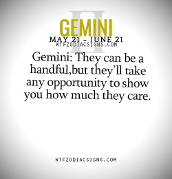 wtfzodiacsigns:  Gemini: They can be a handful,but they’ll take any opportunity to show you how much they care.   - WTF Zodiac Signs Daily Horoscope!  