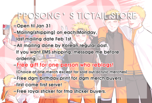 uzumakipposong:  *Free merch giveaway for one person who reblogs:D*  I re-opened my tictail store fi