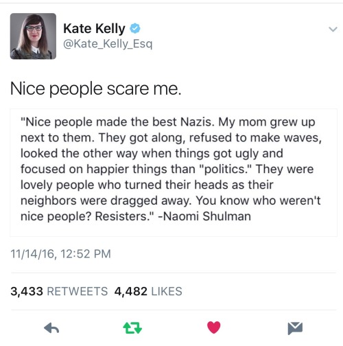 trans-emma-frost:  worldohworld:  otahkoapisiakii:  smarmygryffindor:  @ people deploring the lack of “civility” and “politeness” from the left after the election  [Tweet from @Kate_Kelly_Esq that reads “Nice people scare me” above a quote