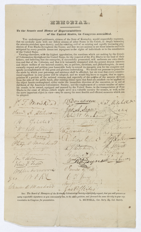 Citizens of Kentucky wrote to Congress asking that free Black people be transported “to the land of 