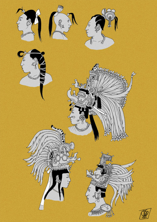 dapart:Maya women hairstyles and headwear in the Classic period (c.600-900). Based on primary source