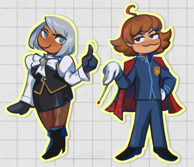 Fullbody chibi drawings of Franziska von Karma and Sebastian Debeste, both smiling smugly. Franziska is waggling a finger up and Sebastian has one hand on their hip and the other pointing down with their baton.