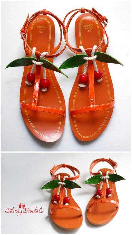 DIY Cherry Sandals Tutorial from Fashionrolla. You can use large wooden beads for the cherries. If y