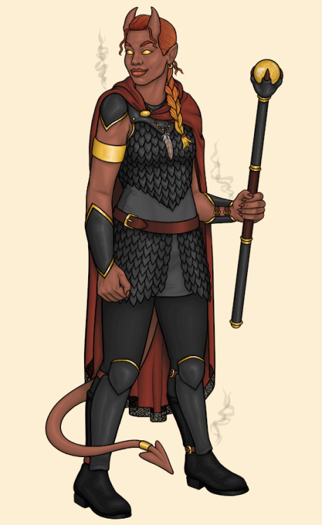 A tiefling warlock whose enchanted armor emits smokeCheck out my twitter for more d&d character 